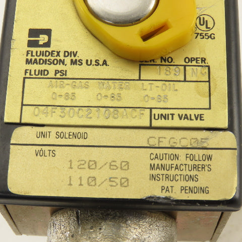 Parker 04F30C2108ACF WOG 0-85PSI Normally Closed Solenoid Valve 120V Coil 1/4NPT