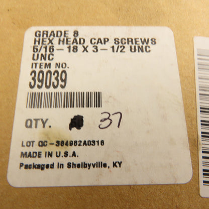 5/16-18 UNC, 3-1/2" Length Under Head Hex Head Cap Screw Lot of 37