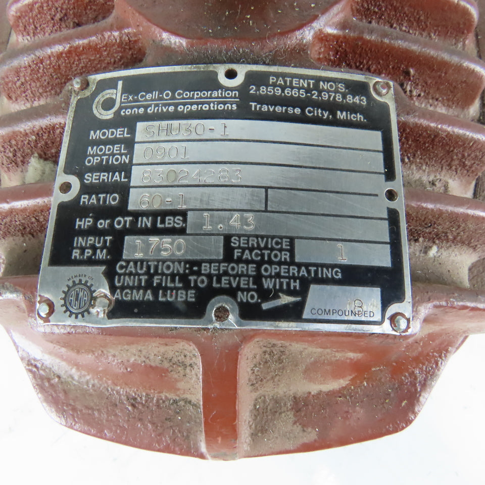 EX-CELL-O CORP. SHU30-1 Gear Reducer Cone Drive 60:1 Ratio 29.2RPM Output