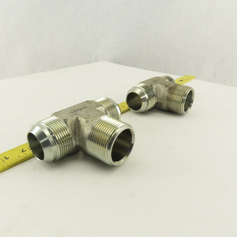 1-1/4 NPT Male x 1-5/8-12 (-20) Male JIC Flare Branch Tee Hydraulic Lot Of 2