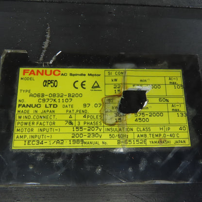 Fanuc A06B-0832-B200 15-30kW 757-4000 RPM 155/230VAC Two Speed AC Servo Motor