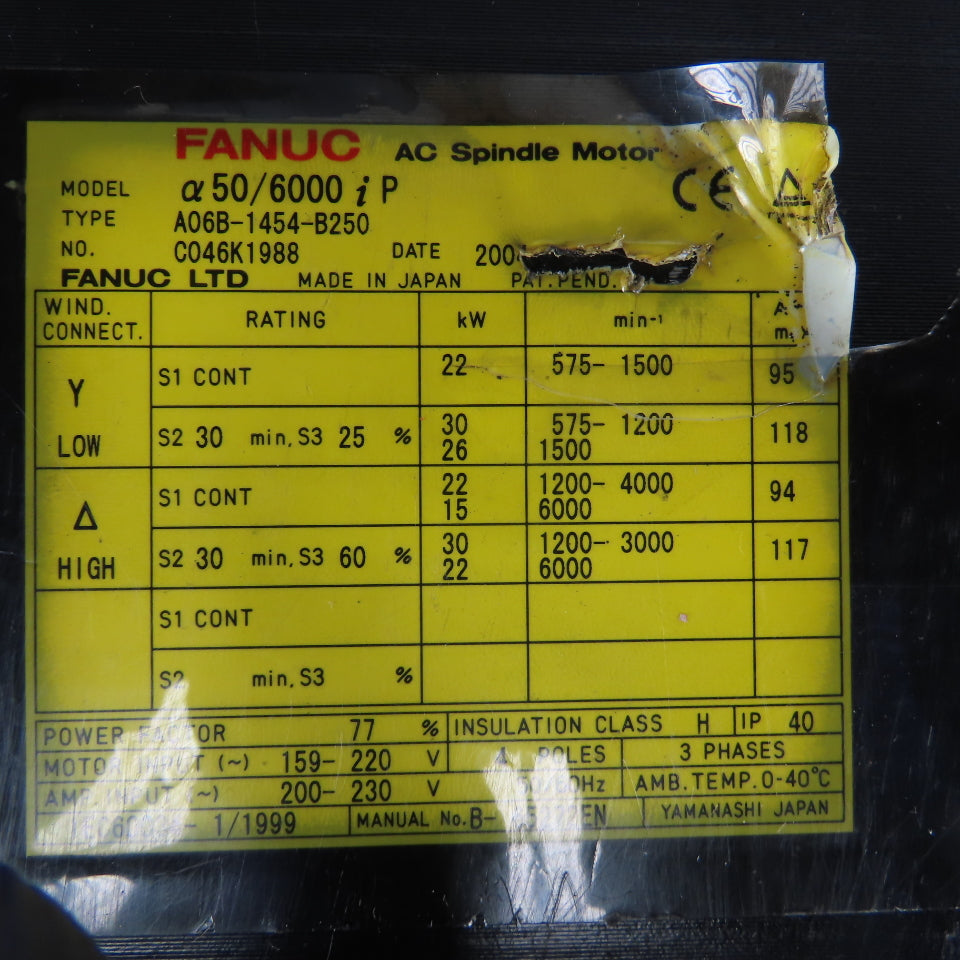 Fanuc A06B-1454-B250 a50/6000iP 40Hp 30kW 6000 RPM MAX 159-220V AC Spindle Motor
