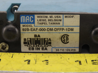 Mac 92B-EAF-000-DM-DFFP-1DM 5/3 Way Closed Center Pneumatic Solenoid Valve 24VDC