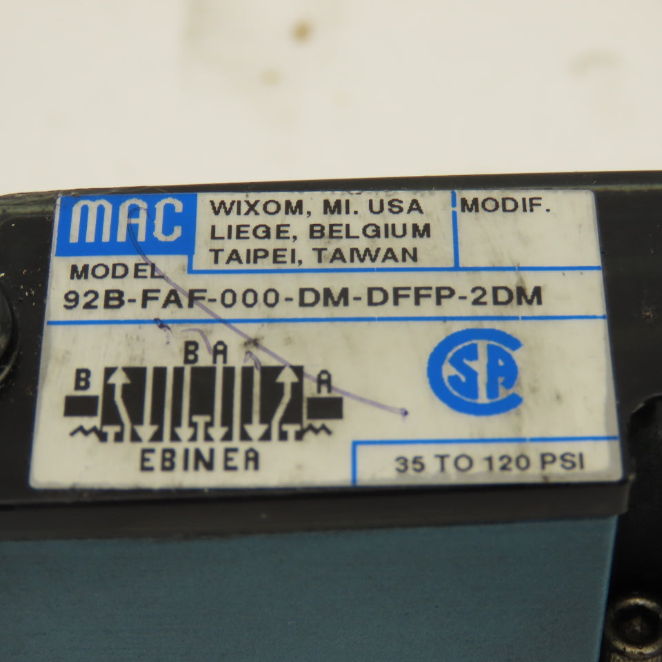 MAC 92B-FAF-000-DM-DFFP-2DM 3 Position Closed Center Solenoid Air Valve 24VDC