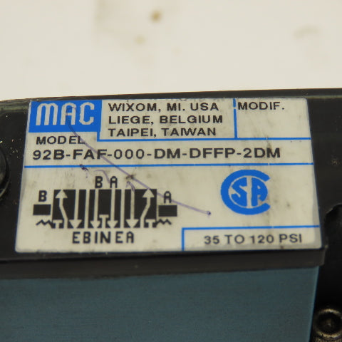 MAC 92B-FAF-000-DM-DFFP-2DM 3 Position Closed Center Solenoid Air Valve 24VDC