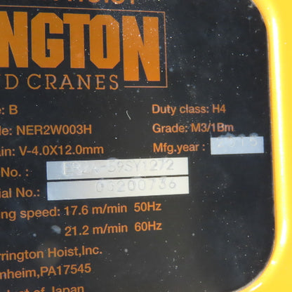Harrington NER2W003H 1/4 Ton Electric Chain Hoist 250' Lift 21.2MPM 230V Remotes