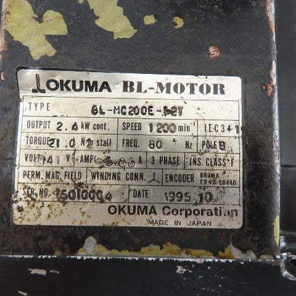 Okuma BL-MC200E-12T 2.4kW 1200RPM 3Ph 141V 80Hz AC Servo Motor