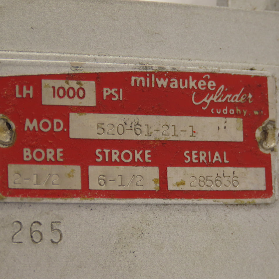 Milwaukee 520-61-21-1 2.5" Bore 6.5" Stroke Hydraulic Pneumatic Cylinder 1000PSI