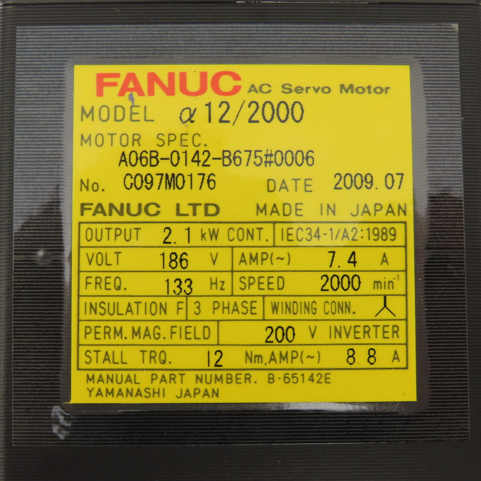 Fanuc A06B-0142-B675 2.1kW 2000RPM 3Ph 186V 133Hz AC Servo Motor