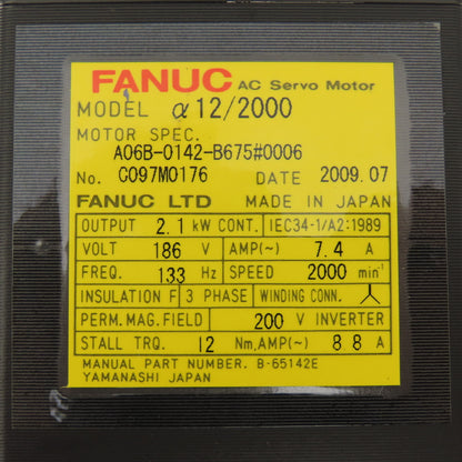 Fanuc A06B-0142-B675 2.1kW 2000RPM 3Ph 186V 133Hz AC Servo Motor