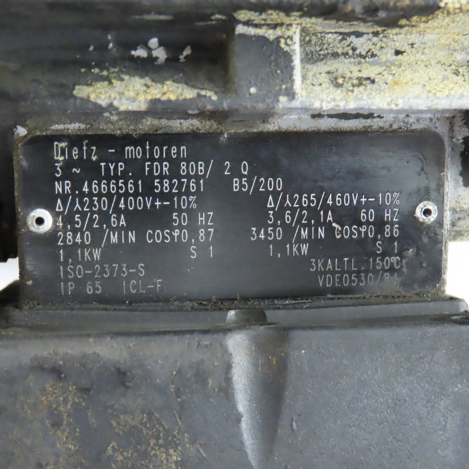 Dietz FDR 80B 1.1kW 3450 RPM 3Ph 265/460V 50/60Hz AC Motor