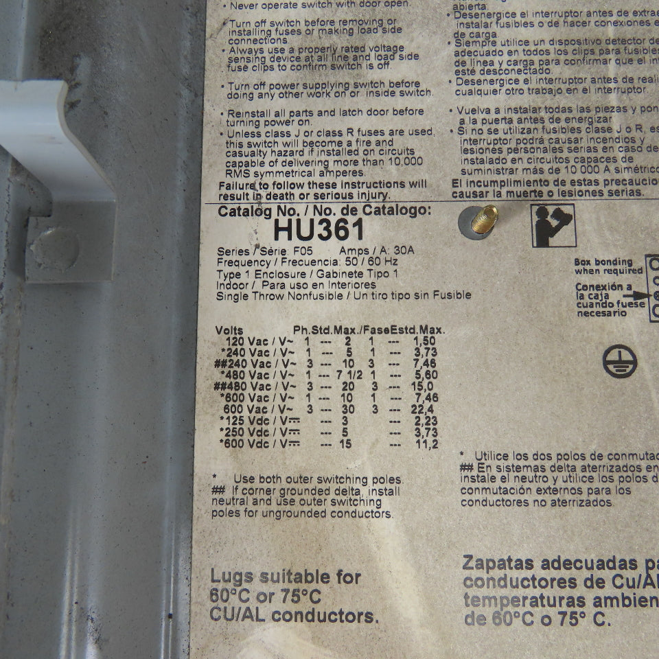 Square D HU361 30A 600V AC/DC Non-Fused Safety Disconnect Switch