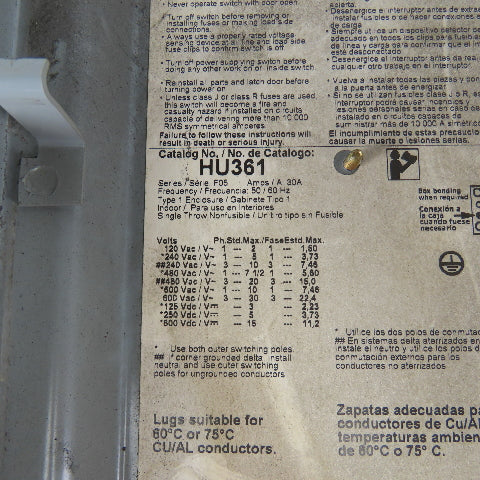 Square D HU361 30A 600V AC/DC Non-Fused Safety Disconnect Switch