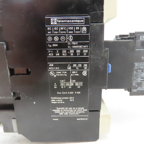 Telemecanique LC1 D65 11 LA2 DT0 Contactor 600V 3Ph 50Hp Time Delay 0.1-3s