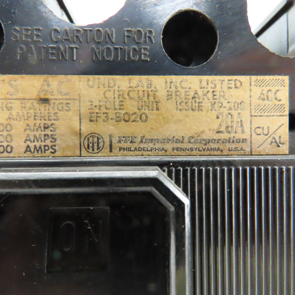 ITE EF3-B0220 20A Molded Case Circuit Breaker 600V 3 Pole