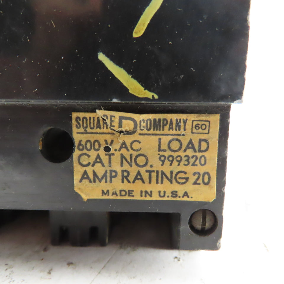 Square D 999320 20A Molded Case Circuit Breaker 600V 3 Pole