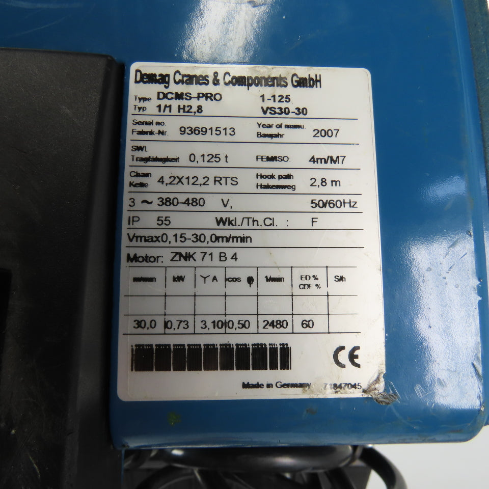 Demag DCMS-PRO 1-125 1/1 H2.8 VS30-30 275LB Electric Hoist 10' Lift 460V 3Ph