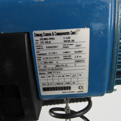 Demag DCMS-PRO 1-125 1/1 H2.8 VS30-30 275LB Electric Hoist 10' Lift 460V 3Ph