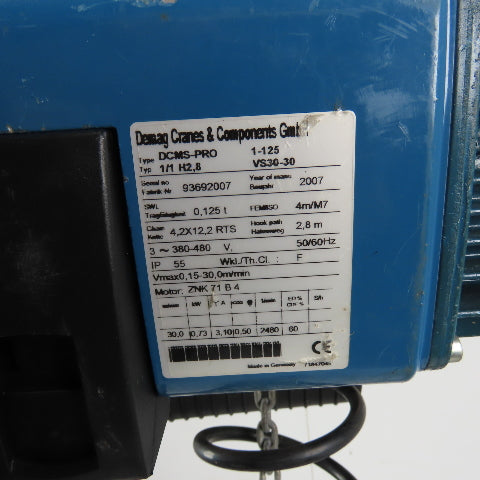 Demag DCMS-PRO 1-125 1/1 H2.8 VS30-30 275LB Electric Hoist 10' Lift 460V 3Ph