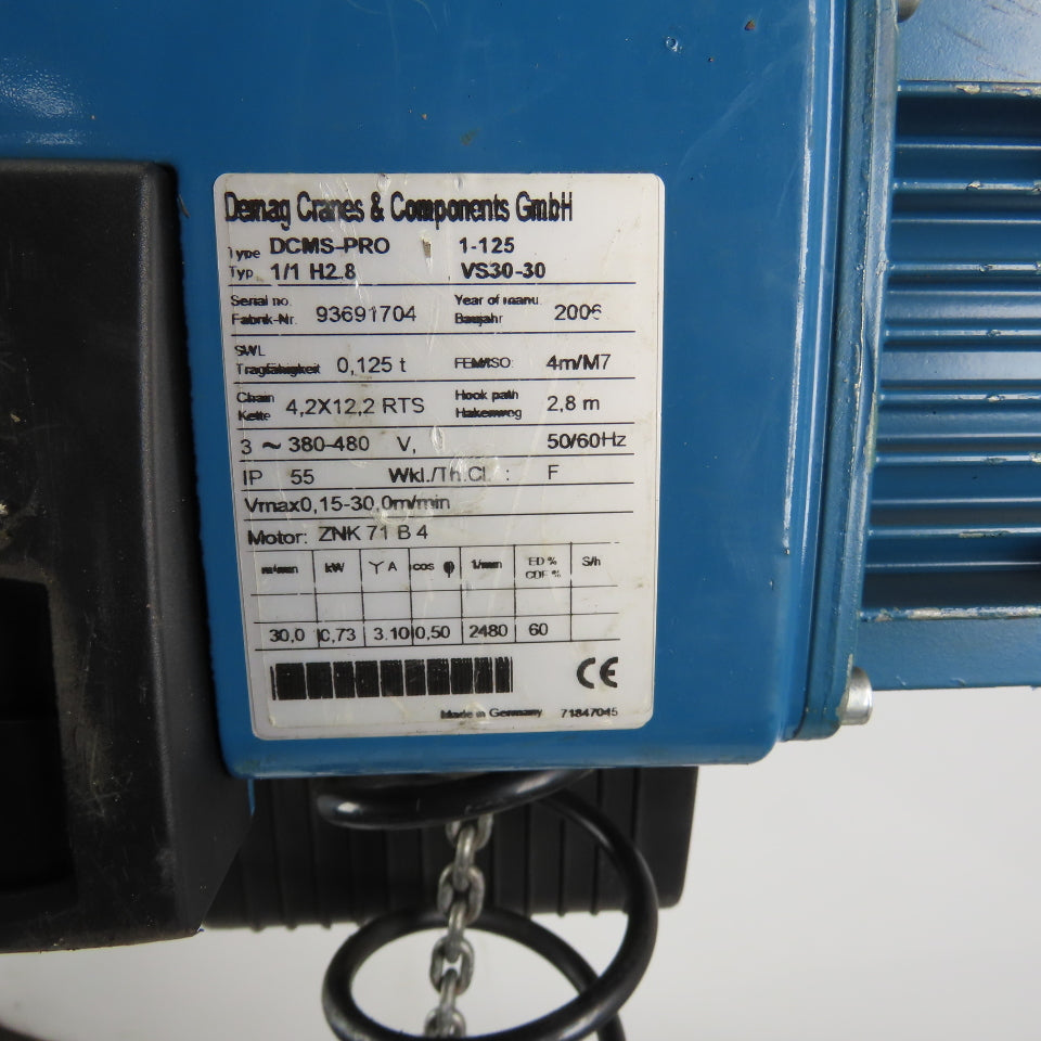 Demag DCMS-PRO 1-125 1/1 H2.8 VS30-30 275LB Electric Hoist 10' Lift 460V 3Ph