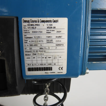 Demag DCMS-PRO 1-125 1/1 H2.8 VS30-30 275LB Electric Hoist 10' Lift 460V 3Ph