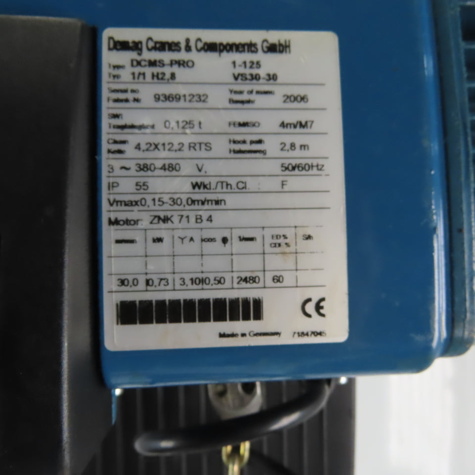 Demag DCMS-PRO 1-125 1/1 H2.8 VS30-30 275LB Electric Hoist 15' Lift 460V 3Ph
