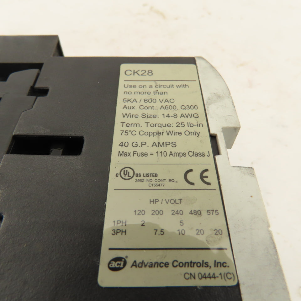 Advance Controls CK28 600VAC 3Ph 20Hp Contactor 120V Coil