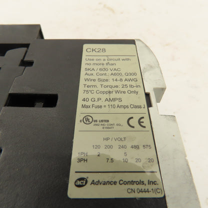 Advance Controls CK28 600VAC 3Ph 20Hp Contactor 120V Coil