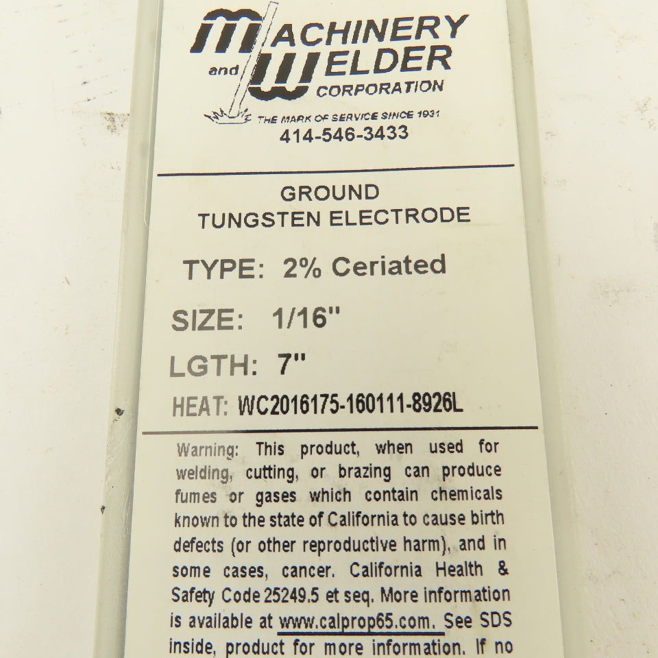 Machinery & Welder 1/16" x 7" 2% Ceriated Ground Tungsten Electrode Lot Of 10