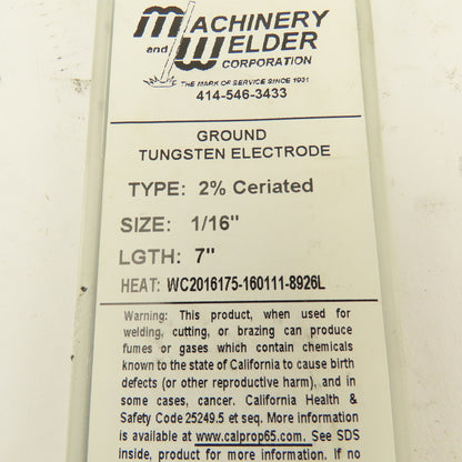 Machinery & Welder 1/16" x 7" 2% Ceriated Ground Tungsten Electrode Lot Of 10