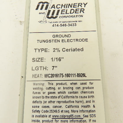 Machinery & Welder 1/16" x 7" 2% Ceriated Ground Tungsten Electrode Lot Of 10