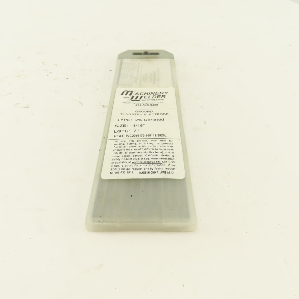 Machinery & Welder 1/16" x 7" 2% Ceriated Ground Tungsten Electrode Lot Of 10