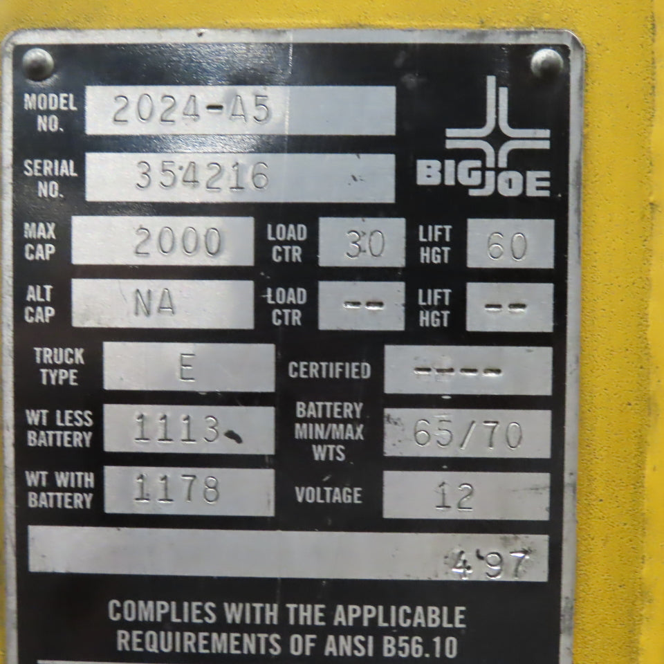 Big-Joe 2024-A5 2000LB Cap Manual Push Straddle Pallet Lift Stacker 60" Lift 12V