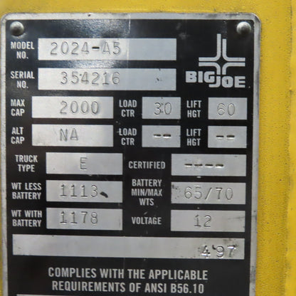Big-Joe 2024-A5 2000LB Cap Manual Push Straddle Pallet Lift Stacker 60" Lift 12V