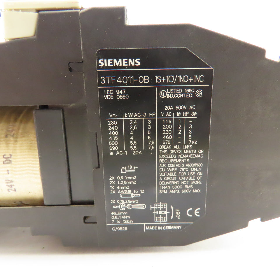 Siemens 3TF4011-0B 600V 20A 3Ph 7.5Hp MAX Magnetic Motor Starter 24VDC Coil