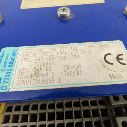 Electrotechnics DGSK 137-207 460/480-525VAC Primary 24VDC Transformer Rectifier