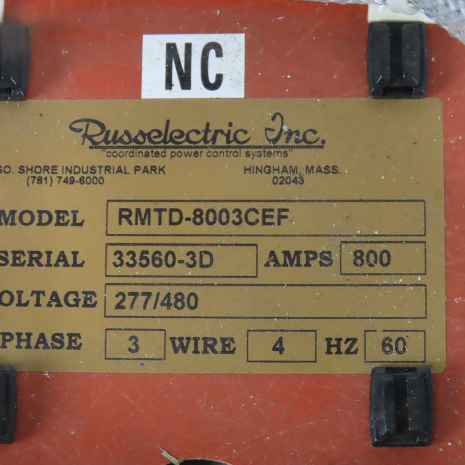 Russelectric Inc RMTD-8003CEF 277/480V 800Amp Dual Operator 4W Transfer Switch