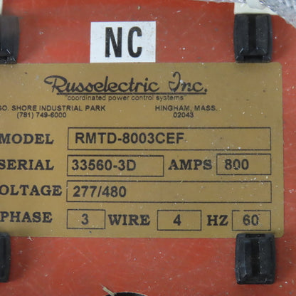 Russelectric Inc RMTD-8003CEF 277/480V 800Amp Dual Operator 4W Transfer Switch