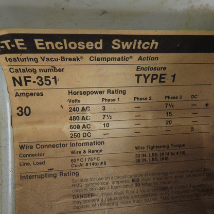 ITE NF-351 Type 1 30A 600V 20HP 3Ph Vacu-Break Disconnect Switch