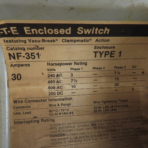 ITE NF-351 Type 1 30A 600V 20HP 3Ph Vacu-Break Disconnect Switch