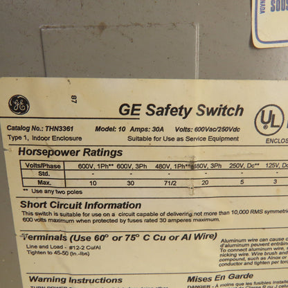 General Electric THN3361 Non Fused Disconnect Switch 30A 600V 3 Pole
