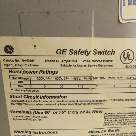 General Electric THN3361 Non Fused Disconnect Switch 30A 600V 3 Pole