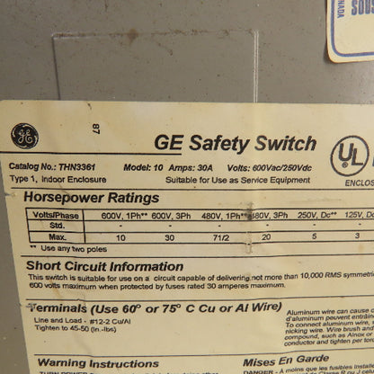 General Electric THN3361 Non Fused Disconnect Switch 30A 600V 3 Pole