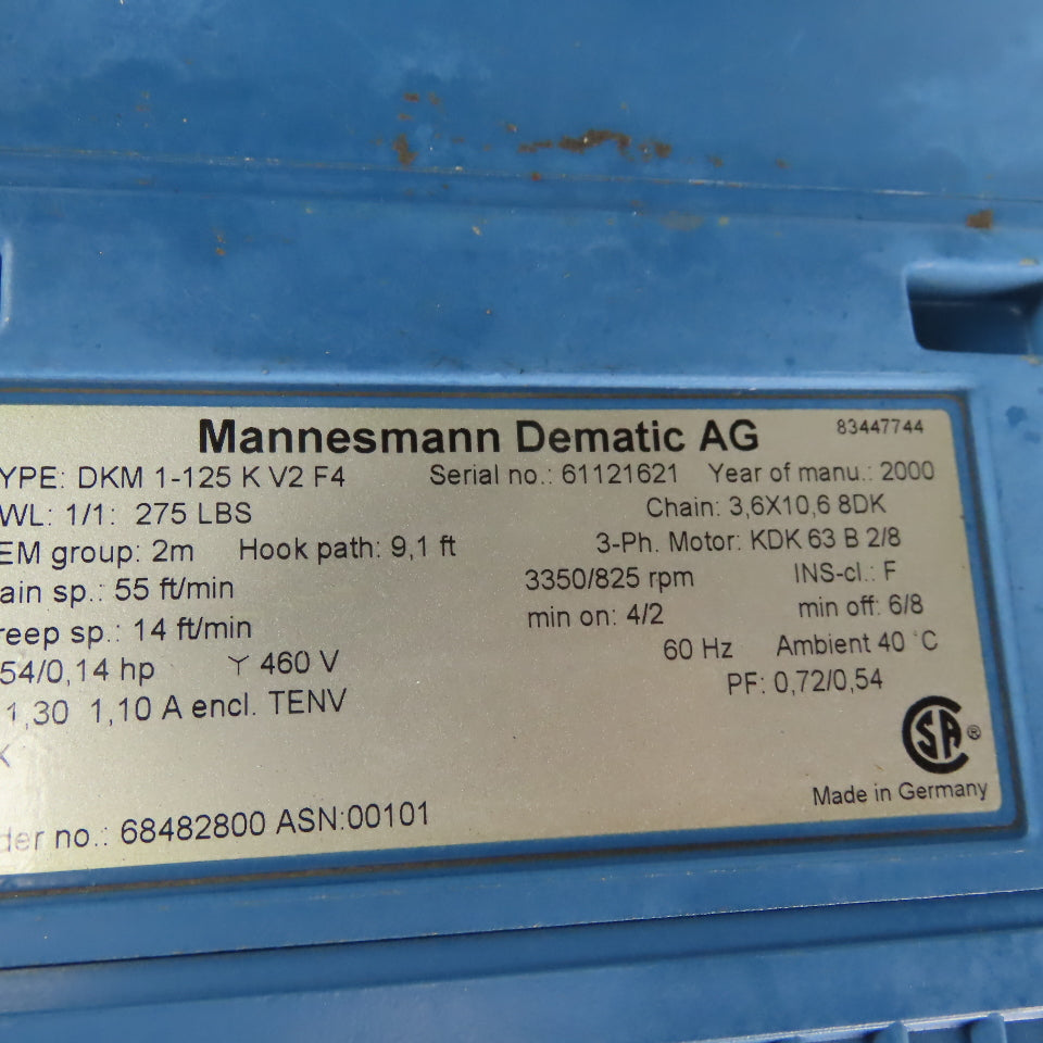 Demag DKM1-125 K V2F4 Electric Hoist 10' 2 Speed Lift 14/55 FPM 460V 3Ph