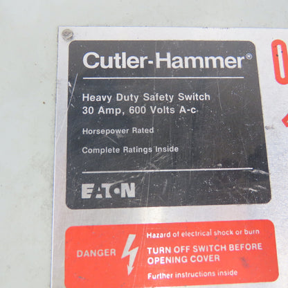 Cutler Hammer DH361UDK 30A 3 Pole Non-Fusible Safety Disconnect Switch 600V