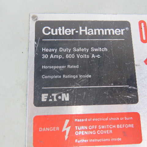 Cutler Hammer DH361UDK 30A 3 Pole Non-Fusible Safety Disconnect Switch 600V