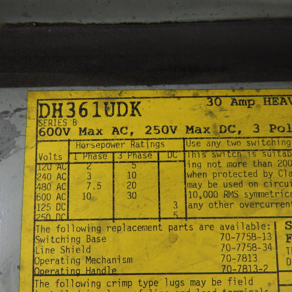 Cutler Hammer DH361UDK 30A 3 Pole Non-Fusible Safety Disconnect Switch 600V