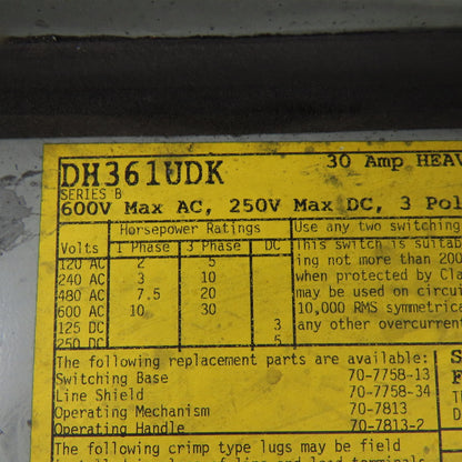 Cutler Hammer DH361UDK 30A 3 Pole Non-Fusible Safety Disconnect Switch 600V