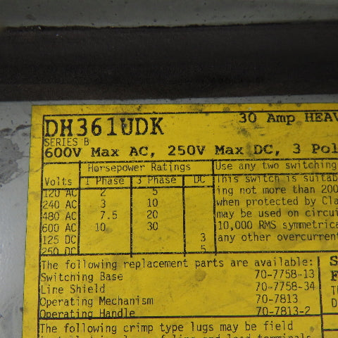 Cutler Hammer DH361UDK 30A 3 Pole Non-Fusible Safety Disconnect Switch 600V