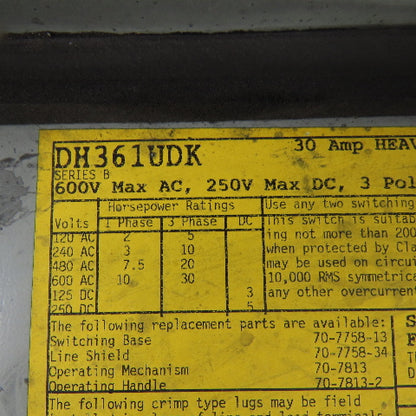 Cutler Hammer DH361UDK 30A 3 Pole Non-Fusible Safety Disconnect Switch 600V